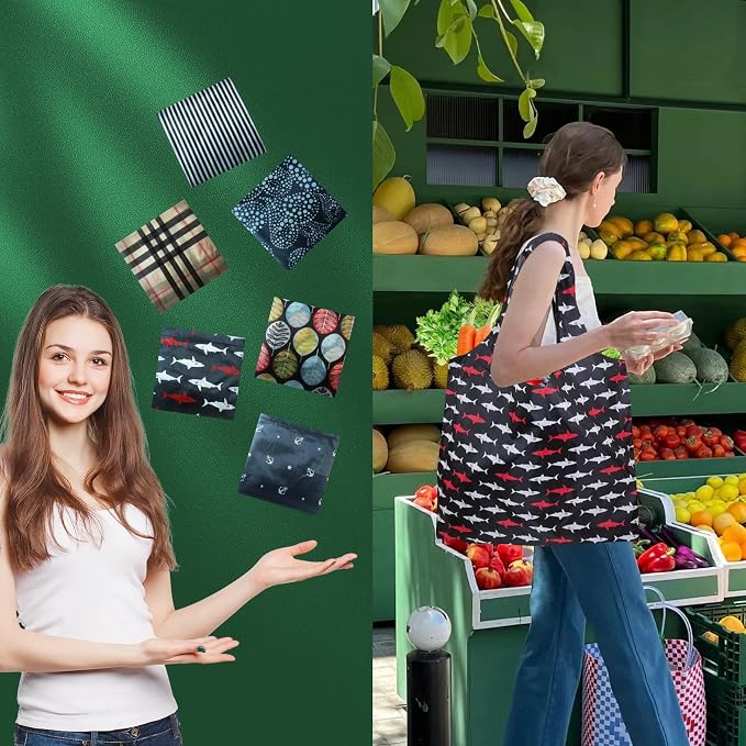 Foldable Reusable Shopping Bags,6 Pack Heavy Duty Tote for Grocery | Lightweight Polyester, machine washable. Compact fold fits in purse. Sturdy 50lb capacity. Great for groceries&travel,Beach