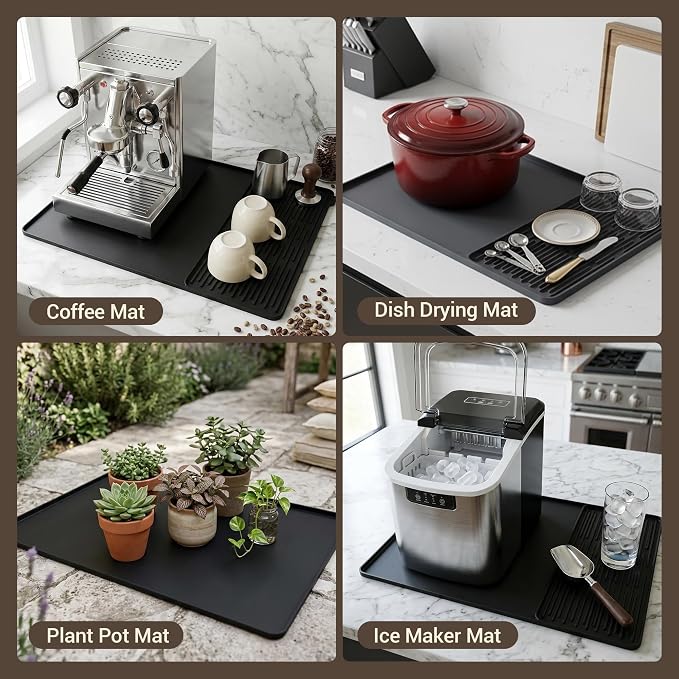 Silicone Coffee Mat for Countertop, 24x16 inch Heat Resistant Espresso Machine Mat, Non-Slip Coffee Bar Mat with Detachable Drying Area and Raised Edge, Waterproof Station Pad - Black