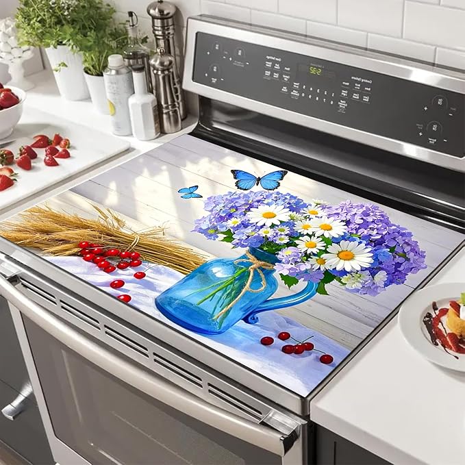 HOMETITUTE Blue Vase Flower Stove Top Cover 28x20 Heat Resistant Mat