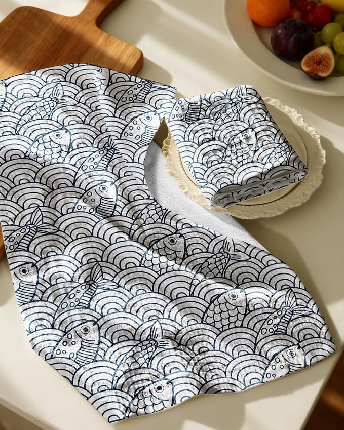 370GSM Cotton Waffle Kitchen Towels, Fish | Pure Cotton, Sustainable, Waffle Weave, Terry Cloth, Highly Absorbent, Decorative, 16"x25", with Hanging Loop