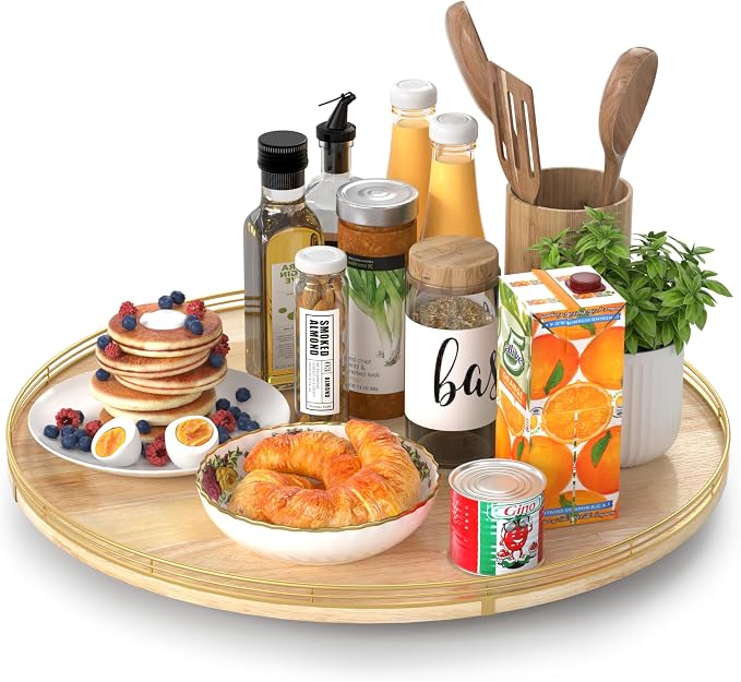 AMH 21-Inch Extra Large Lazy Susan with Oak Base and Black Iron Rail | Smooth rotating oak tray with walnut finish for dining tables, kitchen counters, pantries and cabinet storage.