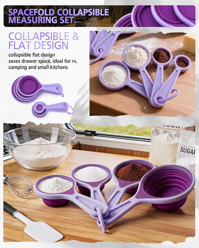 Measuring Cup and Spoon Set, Collapsible Measuring Cup, 8 Piece Measuring Tools, Engraved Metric/US Markings, for Liquid and Dry Measurements, Space Saving, BPA Free Silicone, Colorful