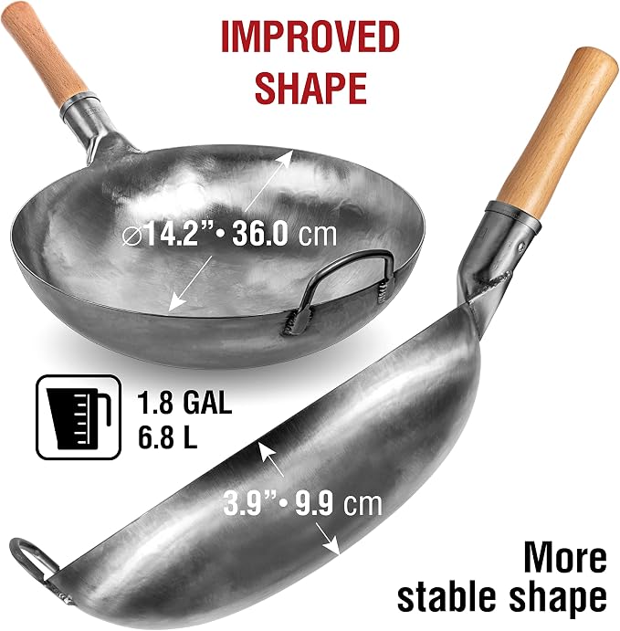 YOSUKATA 14” Round Bottom Carbon Steel Woks and Stir Fry Pans – Unseasoned Pow Wok for Stir Fry, BBQ & Camping – Hand-Hammered Traditional Japanese and Chinese Pan – Gas Stove, Open Fire Only | Suitable for Gas Stoves and Open Fires - Traditional Chine...