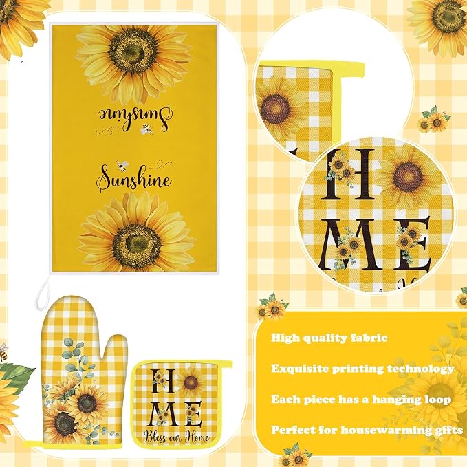 Leinuosen 8 Pcs Sunflower Yellow and White Checkered Kitchen Towels and Dishcloths Sets Pot Holders and Oven Mitts Sets Absorbent Kitchen Gloves Potholders Heat Resistant for Chef Baking Cooking