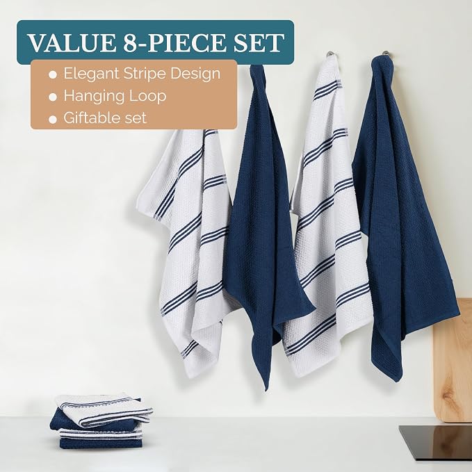 Casa Platino Kitchen Towel Set 8 Pc 4 Dish Cloths (13"x13") & 4 Kitchen Towels (16"x26") - Absorbent, Quick Dry, Soft, Durable Dish Rags With Hanging Loop for Wiping Surfaces & Drying Dishes - Blue.