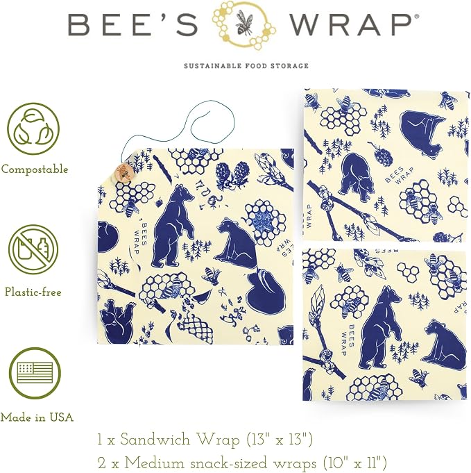 Bee's Wrap Beeswax Wraps for Food - 3 Pack of Assorted Beeswax Wraps - 2 Medium & Sandwich Wrap - Plastic Free Made in USA Reusable Natural Food Wrap - Bees & Bears
