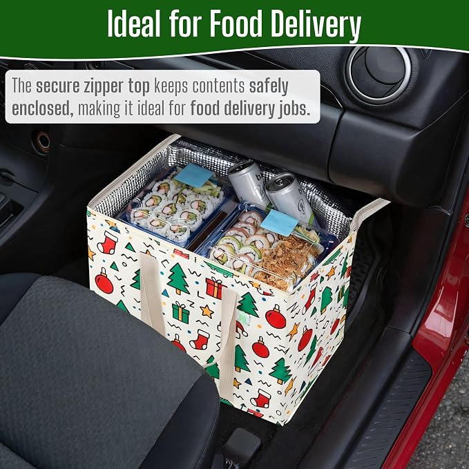 VENO 2 Pack Insulated Cooler Bag for Food Delivery, Reusable Grocery Bag | Heavy Duty Large Collapsible Cooler Shopping Tote w/ Zippers, Foldable, Stands Upright for Camping Picnic(Jingle Mix, 2 Pack)