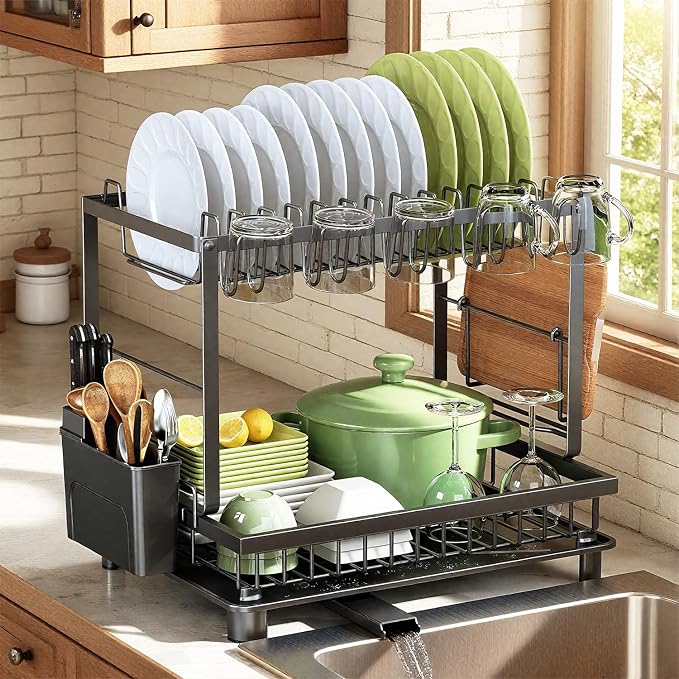 2-Tier Dish Drying Rack for Kitchen Counter, Space-Saving, Black | Rustproof Carbon Steel, Auto Drain Spout, Space-Saving Dish Rack with Drainboard, Utensil & Cup Holders, Countertop Organizer