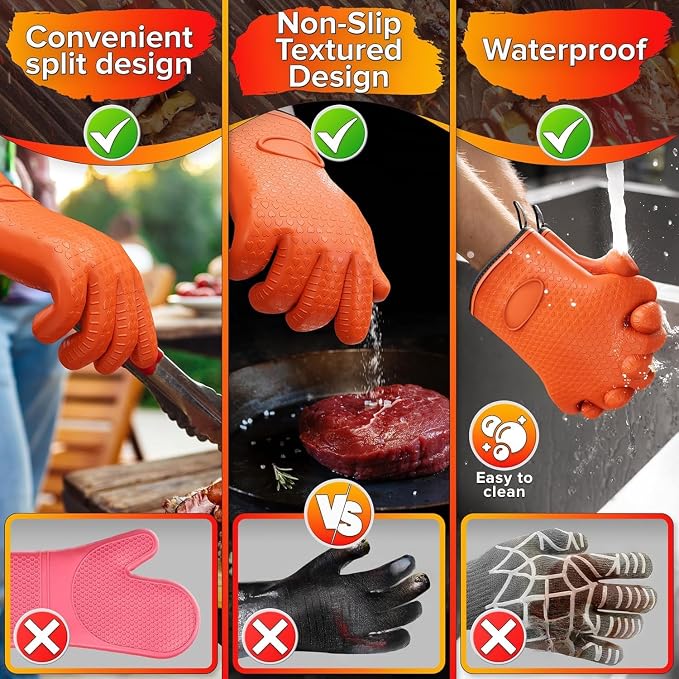 Silicone Grill Gloves for Cooking, Non-Slip and Heat Resistant Material | 11x5.3" Silicone BBQ Gloves with Cotton Lining; Waterproof; Suitable for Grilling, BBQ, Smoker, Handling Hot Pots and Pans