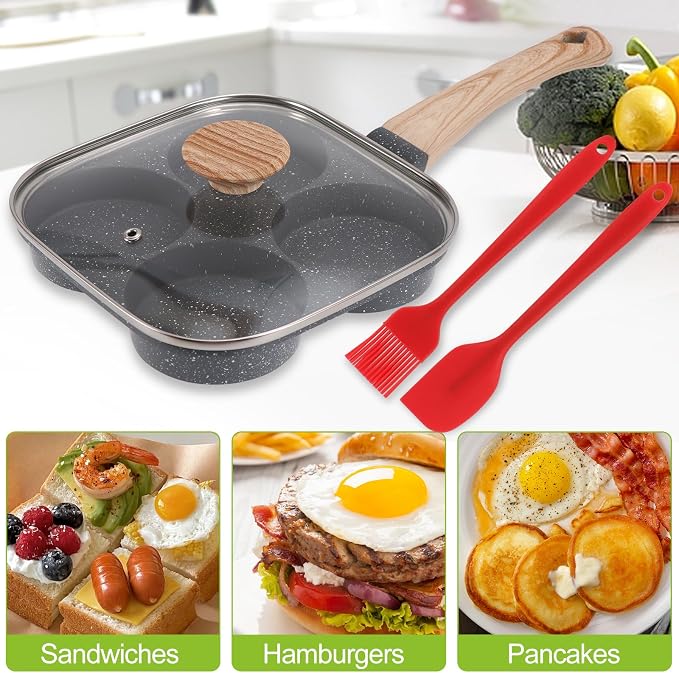 Egg Pan, Premium Egg Pans Nonstick, Omelette Pan with Lid , Healthy Egg Frying Pan for Breakfast, Egg Sandwich, Hamburger, Pancake, Egg Skillet Suitable for Gas Stove & Induction Cookware (Black)