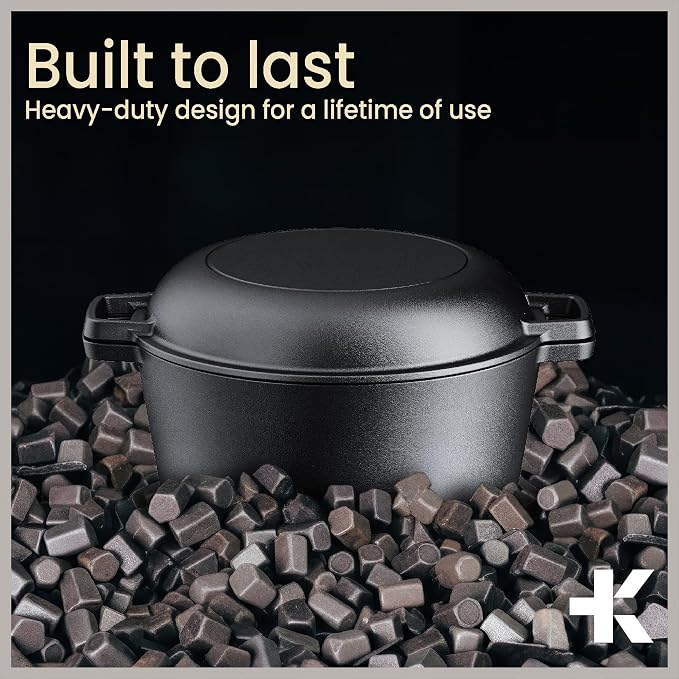 Bakken 2-in-1 Cast Iron Dutch Oven Pot with Skillet Lid, 5QT Pre-Seasoned Dutch Oven for Bread Baking, Roasting & Campfire Cooking, Heavy-Duty Indoor & Outdoor Use with Easy-Grip Dual Handles