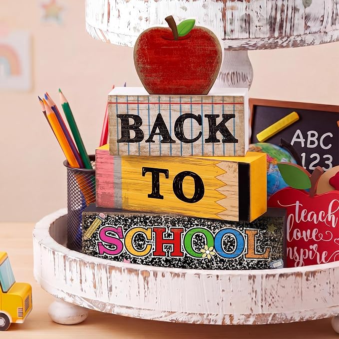 Lineshading 4 Pcs Back to School Table Decor Wooden Apple Blocks Sign | Back To School Tiered Tray Decor Apple Centerpieces Rustic Wood Pencil Block Sign Farmhouse Gifts For Class Party Home Shelf