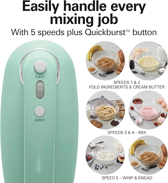 Hamilton Beach Retro 5-Speed Electric Hand Mixer With SmartBoost Technology | Powerful 1.3 AMP DC Motor for Effortless Mixing | Slow Start | Beaters & Whisk | Snap-On Storage Case | Green | 62601N