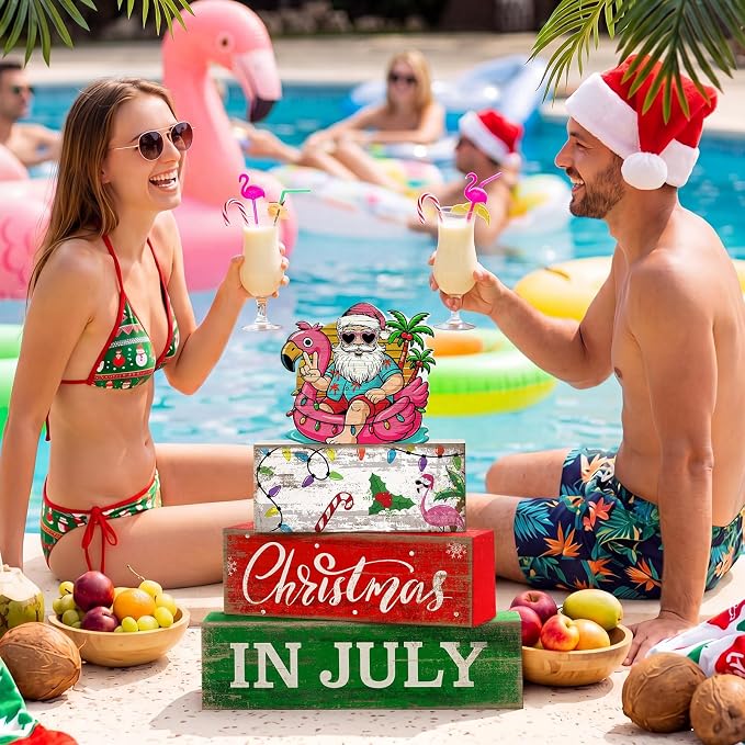Lineshading 4 Pcs Christmas in July Table Decor Summer Santa Wooden Signs | Tropical Christmas Tiered Tray Decor Farmhouse Stacked Santa Flamingo Palm Tree Beach Party Supplies Shelf Home Office