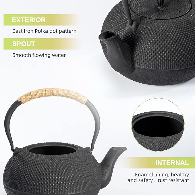 suyika Japanese Tetsubin Tea Kettle Cast Iron Teapot with Stainless Steel Infuser 60 oz/1800 ml | Stainless Steel Infuser for Stovetop Safe Coated with Enameled Interior