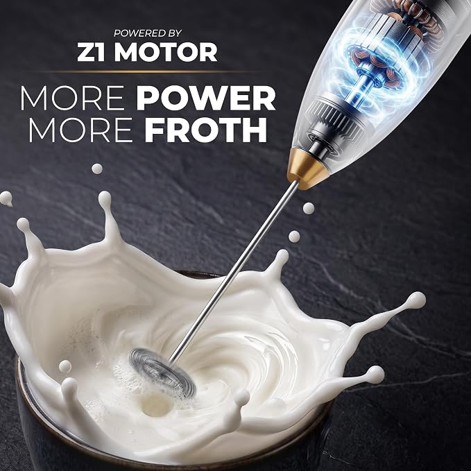 Zulay Kitchen Powerful Milk Frother Wand With Duracell Batteries - Ultra Fast Handheld Drink Mixer - Electric Whisk Foam Maker for Coffee, Lattes, Cappuccino & Matcha - Z1 Motor - Exec White Gold