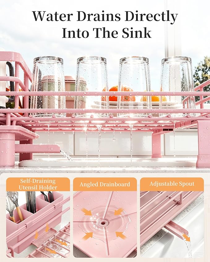 SAYZH Expandable Dish Drying Rack for Kitchen Counter, Metal, Pink | Foldable Over Sink, Large Capacity, Rust-Resistant, Adjustable for Most Sinks, Automatic Drainage, Removable Utensil Holder