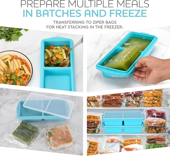 Silicone Freezer Tray With Lid-Soup Freezer Container molds-2-cup Extra Large Ice Cube Tray-makes 4 perfect 500ml portions cubes, For freezing soup,stews,sauces.Oven&Dishwasher-Safe(2-Pack)