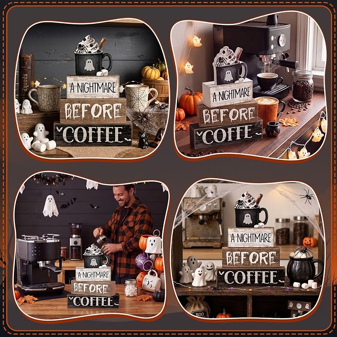 Lineshading 4 Pcs Halloween Farmhouse Tabletop Decor, Ghost Mug Topper | Rustic Wooden Block Signs with Coffee Theme, Perfect for Tiered Tray Decor and Home, Includes Decorative Mug Topper