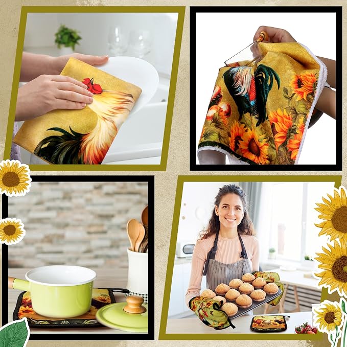 Leinuosen 6 Sunflower Rooster Farmhouse Kitchen Decor Dish Towels Oven Mitts and Pot Holders Sets Chicken Kitchen Towels Absorbent Decorative Accessories for Cooking Baking Grilling