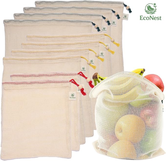 Reusable Cotton Produce Bags (10 Pack + 1 Premium Stotage Pouch) - Organic Cotton Mesh Bags for Fruits & Vegetables, Washable, Double-Stitched, Tare Weight, Eco-Friendly Storage (4L, 4M, 2S)