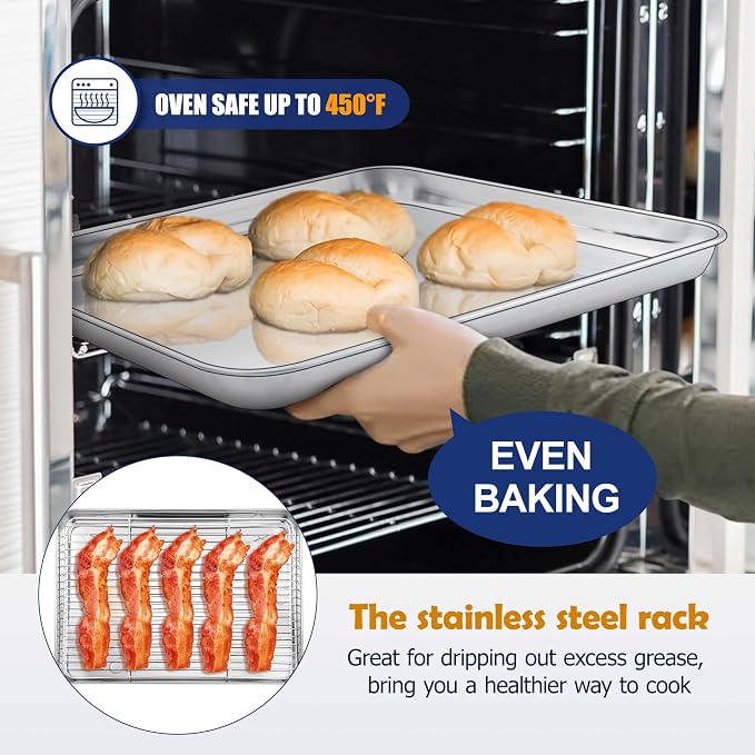 16” Baking Sheet Pan with Rack, Joyfair Stainless Steel Toaster Oven Tray | Bakeware Cookie Pan & Cooling Rack for kitchen bake Jelly Roll/Bacon/Meat, Commercial Metal & Rust-free, Dishwasher Safe