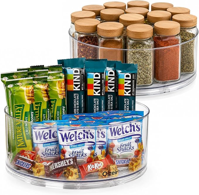 Oizeir Lazy Susan Turntable (2-Pack) - Clear Acrylic, Rotates 360 Degrees, Easily Organize Your Fridge, Cabinet or Counter - Carousel Storage for Food, Spices, Cosmetics | Clear Acrylic, Non-Skid, Raised Edge; Rotating Spice Rack for Kitchen, Pantry, F...
