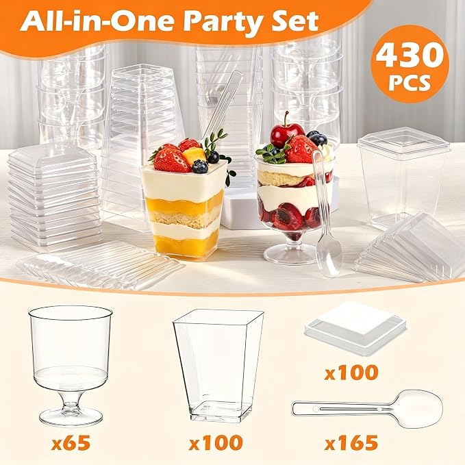 430-Pack 5oz Disposable Clear Dessert Cups with Lids and Spoons | Parfait Cups, Mini Shooter Cups, Square Appetizer Cups, For Party Ice Cream Yogurt Pudding