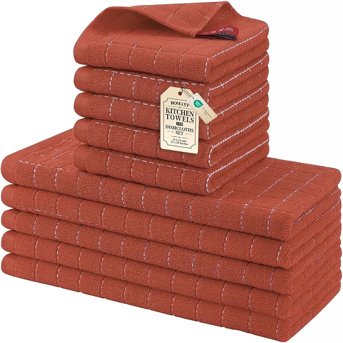 Homaxy Kitchen Towels and Dishcloths Set, Set of 10, Rust | Bulk Cotton Terry Kitchen Towels, Checkered Designed, Soft and Super Absorbent Dish Towels, 12 x 12 and 13 x 28 Inches