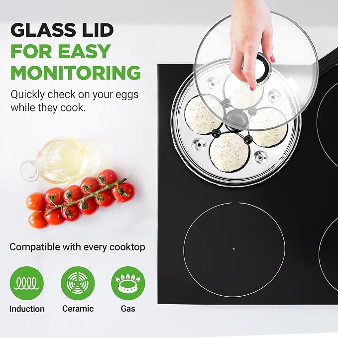 NutriChef Egg Poacher Pan Set - 7.87” Stainless Steel Poached Egg Cooker with 4 Non-Stick Poaching Cups, Glass Lid, Timer, Oven Mitt, and Spatula for Perfect Poached Eggs, Induction Compatible, Silver