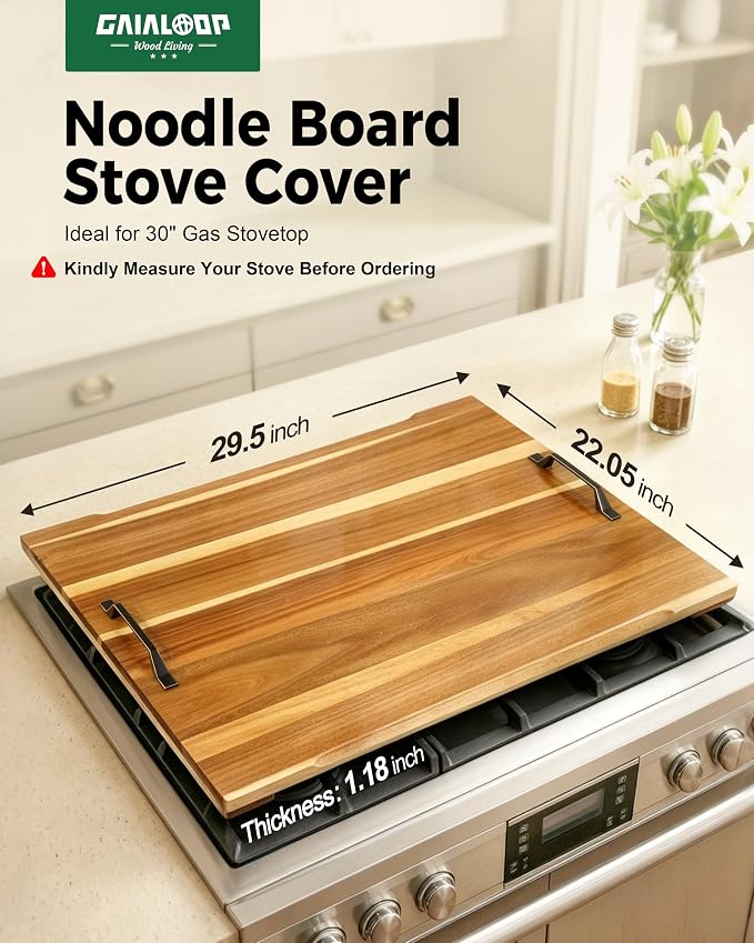 Gaialoop Noodle Board Stove Cover for Gas Stove with Handles, Acacia Wood | Acacia wood stovetop cover adds counter space, hides stains, elevates your kitchen and protects most 30" gas stoves
