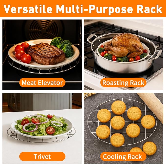 Oval Roasting Cooling Rack 9.8x6.7 Inch Baking Broiling Rack | 304 Stainless Steel Cookware 0.8 Inch heigh Thick Version 2PCS for Party Turkey Dinner Steak