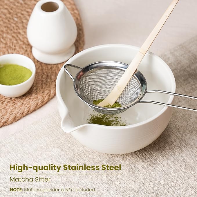 Matcha Whisk Set, Ceramic Bowl Matcha Kit & Handcrafted Bamboo Chasen, Complete 5 Pcs Matcha Set Whisk and Bowl, Stainless Steel Sifter, Bamboo Scoop & Holder for Matcha Lovers