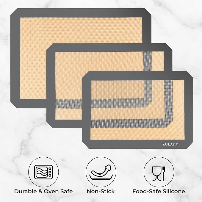 Zulay Kitchen Silicone Baking Mat Sheet 3-Pack (3 sizes) - Reusable Silicone Baking Sheet - Easy & Convenient Nonstick Baking Supplies - Silicone Mats for Baking - Baking Mat For Oven - (Dark Gray)