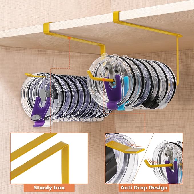 2 Pack Tumbler Lid Organizer, Versatile Storage Holds 20 Lids, Round&Flat | Space Saving Cup Lid Organizers Inside Cabinet Tumbler Lid Hook for Pantry Kitchen Organizer, Paper Towel Rack Hanger, Gold