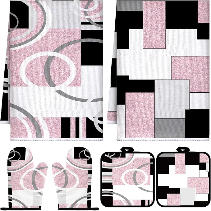 Jingmore 6 Pcs Kitchen Decor Set Accessory Farmhouse Kitchen Towels Pot Holders Oven Mitts Set 2 Dish Towels 2 Pot Holders 2 Cooking Mittens Oven Glove for Cooking (Pink, White, Black,Geometric)