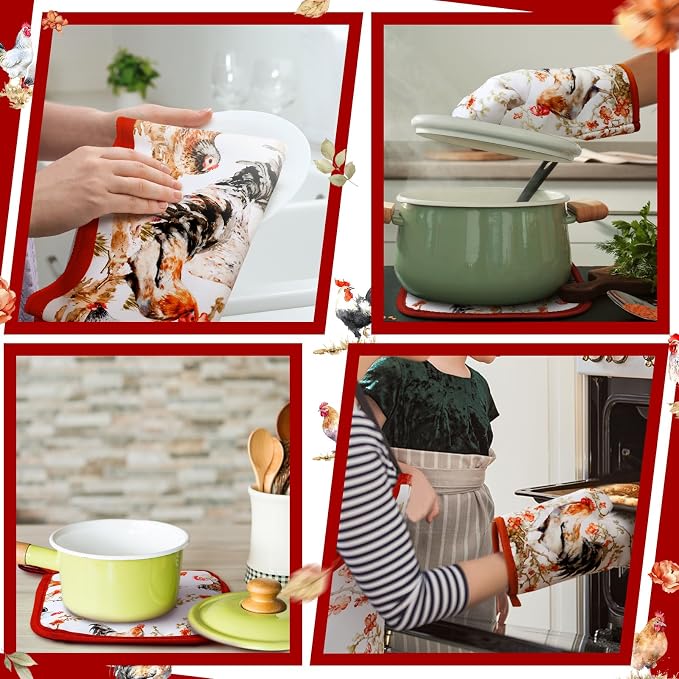 7 Pcs Rooster Kitchen Linen Set Includes Apron 2 Towels Oven Mitt 2 Pot Holders Country Farmhouse Kitchen Decor Gift