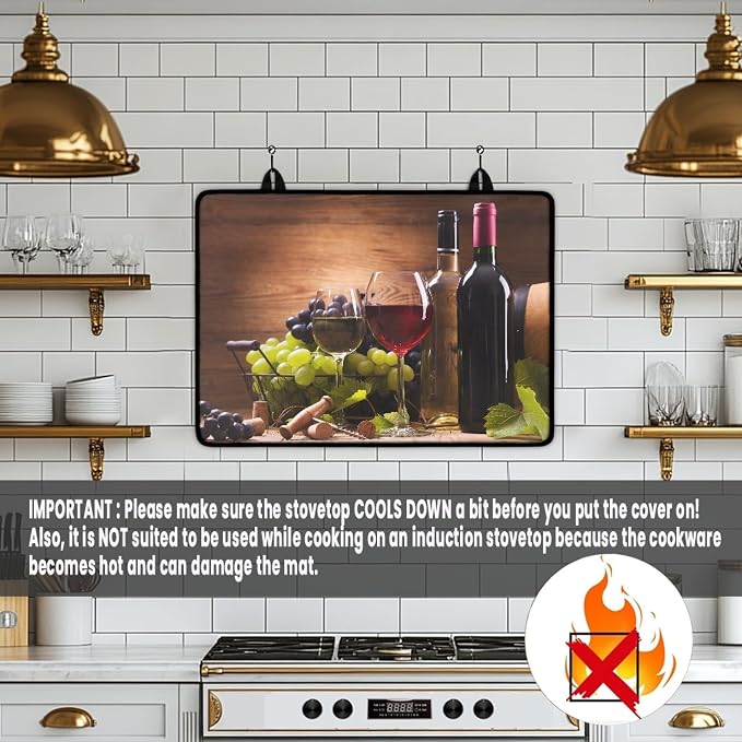 Red White Wine Stove Top Covers for Electric Stove Retro Fruit Grapes Wooden Board Glass Top Gas Stove Pad Heat Resistant Range Cooktop Mat for Kitchen 28"x20"