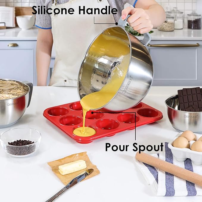 Stainless Steel Mixing Bowls Set with Lids,1.5,3 & 5 Qt,Gray | Non-Slip Silicone Base,Precision Pour Spout,Ergonomic Easy-Grip Handle,Measurement Marks,Airtight Lids,Cooking & Meal Prep