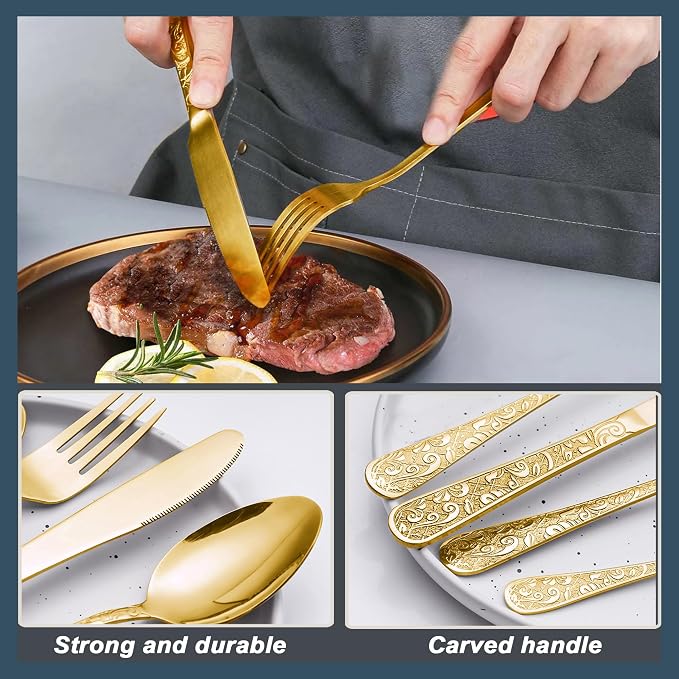 Runfly Vintage Carved Gold Stainless Steel 20-Piece Flatware Set | Silverware Set, Modern Embossed Cutlery Set Utensils Kitchen Including Fork Spoon and Knife