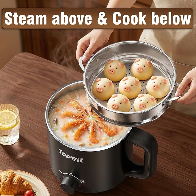 Topwit 1.6L Electric Pot, Stainless Steel Ramen Cooker with Steamer | Dual Power Setting, Cooking for Hot Pot, Pasta, Oatmeal, Soup & Egg, Overheat & Boil-Dry Protection, for Dorm & Office