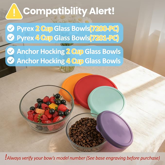 2 Cup 4 Cup Round Silicone Storage Cover Lids Replacement for Anchor Hocking Glass Bowls (Container not Included) 4 Pack