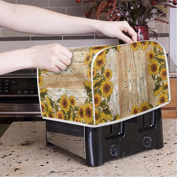 Sunflower Bee Print Toaster Cover For Home Office, Spandex Quilted Toaster Cover 4 Slice Wide Slot Breadmaker Covers Stain And Fingerprint Protection, Yellow