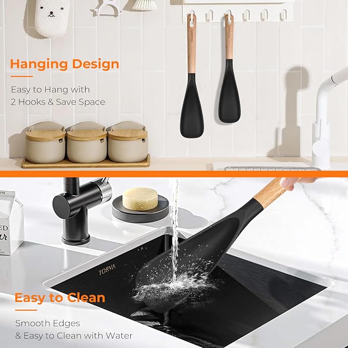 13" & 11" Silicone Cooking Spoons 2-Pack with S-Hooks - Wooden Handle Spoonula Set for Nonstick Cookware - Heat Resistant 446°F Spatula Spoon for Mixing & Serving, BPA Free