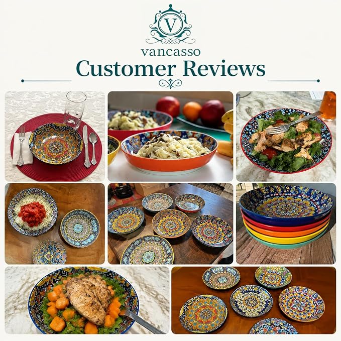vancasso 32 Oz Pasta Bowls Set of 6, Ceramic Bohemian Soup Salad Bowls | Dishwasher and Microwave Safe Ceramic, Large 11.5 Inch Colorful Glazed Finish, Versatile Serving Bowls for Cereal and Dining