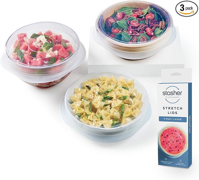 Stasher Premium Reusable Silicone Stretch Lids, Clear, 3-Pack, Large | Food-Safe Silicone, Airtight Seal, Leak-Free, BPA-Free, Eco-Friendly, Food Container Covers, Microwave, Dishwasher, Meal Prep