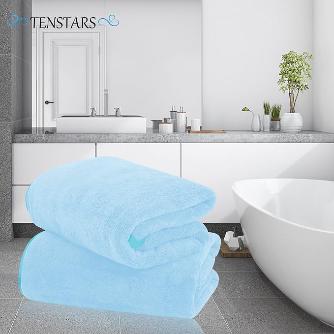 TENSTARS Silk Hemming Bath Towels for Bathroom Clearance - 27 x 55 inches - Light Thin Quick Drying - Soft Microfiber Absorbent Towel for Bath Fitness, Sports, Yoga, Travel, Gym - 2 Pack, Aquamarine