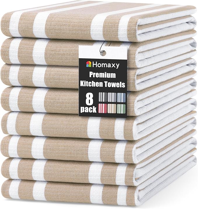 Homaxy Premium Cotton Stripe Kitchen Towels 8 Pack, 18"x 28", Khaki | Large 380 GSM Kitchen Hand Towels, Soft Terry Dish Towels, Highly Absorbent Tea Towel Set with Hanging Loop