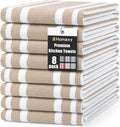 Homaxy Premium Cotton Stripe Kitchen Towels 8 Pack, 18"x 28", Khaki | Large 380 GSM Kitchen Hand Towels, Soft Terry Dish Towels, Highly Absorbent Tea Towel Set with Hanging Loop