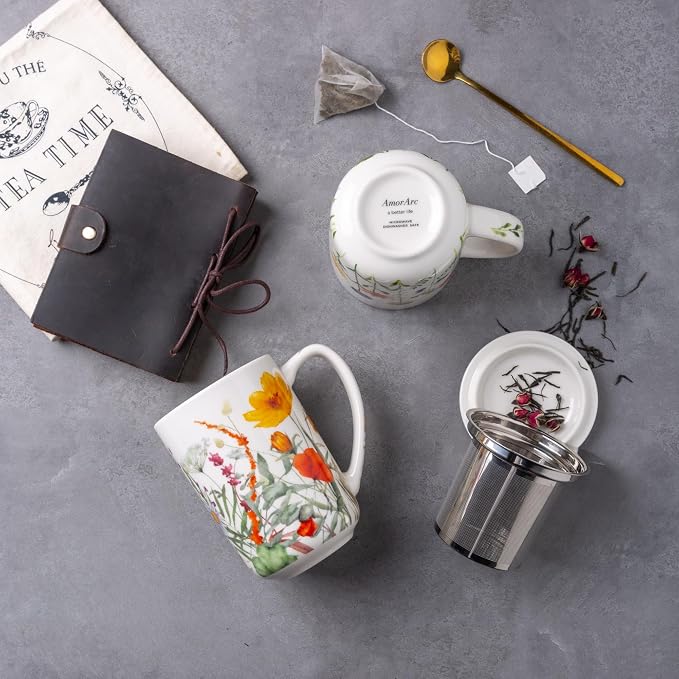 AmorArc Tea Cup With Infuser and Lid, 18oz Loose Leaf Tea Mug With Steeper | Porcelain Tea Mug With Infuser and Lid, Large Strainer Tea Cup with Lid for Tea, Coffee Mug for House-warming Birthday Gift